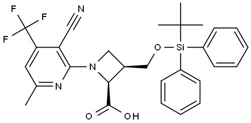 (2S,3R)-3-(((tert-butyldiphenylsilyl)oxy)methyl)-1-(3-cyano-6-methyl-4-(trifluoromethyl)pyridin-2-yl)azetidine-2-carboxylic acid Struktur