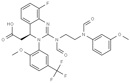 4-Quinazolineacetic acid, 8-fluoro-2-[formyl[2-[formyl(3-methoxyphenyl)amino]ethyl]amino]-3,4-dihydro-3-[2-methoxy-5-(trifluoromethyl)phenyl]-, (4S)- Struktur