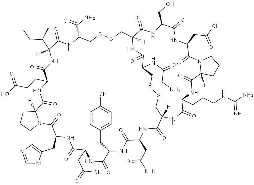 L-Cysteinamide, glycyl-L-cysteinyl-L-cysteinyl-L-seryl-L-α-aspartyl-L-prolyl-L-arginyl-L-cysteinyl-L-asparaginyl-L-tyrosyl-L-α-aspartyl-L-histidyl-L-prolyl-L-α-glutamyl-L-isoleucyl-, cyclic (2→8),(3→16)-bis(disulfide) Struktur