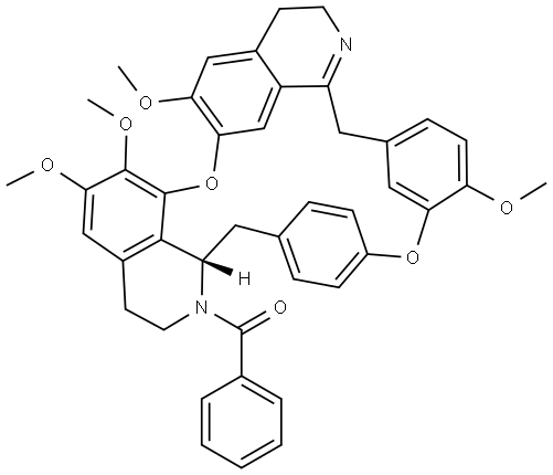 2H-1,24:12,15-Dietheno-6,10-metheno-16H-pyrido[2',3':17,18][1,10]dioxacycloeicosino[2,3,4-ij]isoquinoline, 17-benzoyl-3,5,16a,17,18,19-hexahydro-9,21,22,26-tetramethoxy-, (S)- (9CI) Struktur