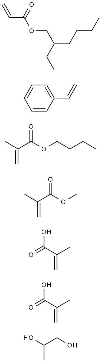 2-Propenoic acid, 2-methyl-, polymer with butyl 2-methyl-2-propenoate, ethenylbenzene, 2-ethylhexyl 2-propenoate, methyl 2-methyl-2-propenoate and 1,2-propanediol mono(2-methyl-2-propenoate) Struktur