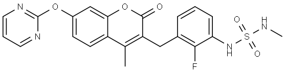 Sulfamide, N-[2-fluoro-3-[[4-methyl-2-oxo-7-(2-pyrimidinyloxy)-2H-1-benzopyran-3-yl]methyl]phenyl]-N′-methyl- Struktur