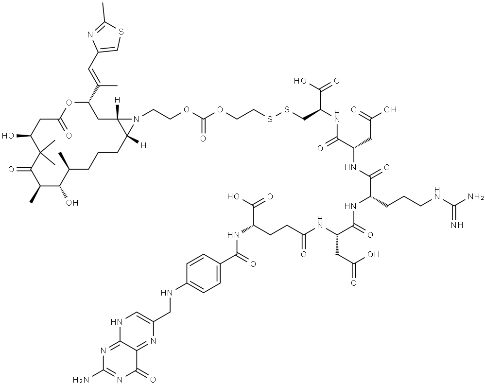 L-Alanine, N-[4-[[(2-amino-3,4-dihydro-4-oxo-6-pteridinyl)methyl]amino]benzoyl]-L-γ-glutamyl-L-α-aspartyl-L-arginyl-L-α-aspartyl-3-[[2-[[[2-[(1S,3S,7S,10R,11S,12S,16R)-7,11-dihydroxy-8,8,10,12-tetramethyl-3-[(1E)-1-methyl-2-(2-methyl-4-thiazolyl)ethenyl]-5,9-dioxo-4-oxa-17-azabicyclo[14.1.0]heptadec... Struktur