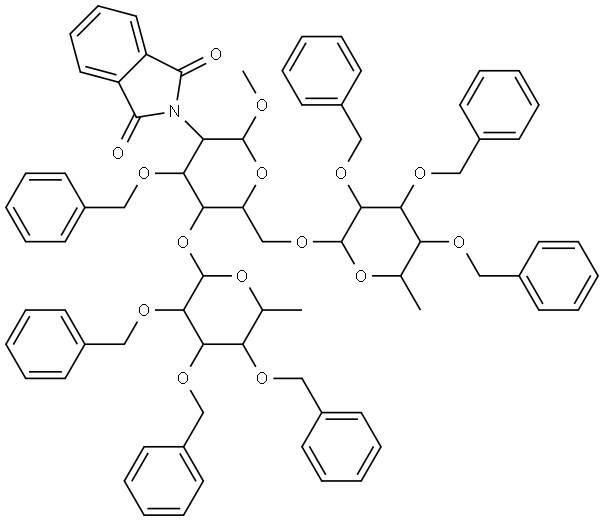 β-D-Glucopyranoside, methyl O-6-deoxy-2,3,4-tris-O-(phenylmethyl)-α-L-galactopyranosyl-(1→4)-O-[6-deoxy-2,3,4-tris-O-(phenylmethyl)-α-L-galactopyranosyl-(1→6)]-2-deoxy-2-(1,3-dihydro-1,3-dioxo-2H-isoindol-2-yl)-3-O-(phenylmethyl)- (9CI)