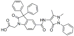 2-[5-[(1,5-dimethyl-3-oxo-2-phenyl-pyrazol-4-yl)carbamoyl]-2-oxo-3,3-d iphenyl-indol-1-yl]acetic acid Struktur