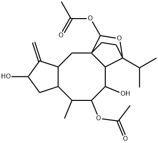 Dodecahydro-3-isopropyl-6-methyl-9-methylene-3,10a-ethano-1H-cyclopenta[4,5]cycloocta[1,2-c]furan-1,4,5,8-tetrol 1,5-diacetate Struktur