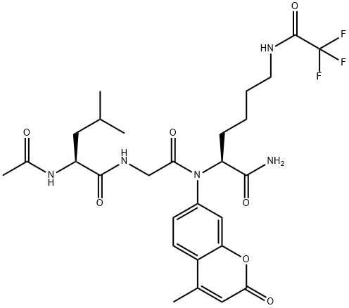 (S)-2-(2-((S)-2-acetamido-4-methylpentanamido)acetamido)-N-(4-methyl-2-oxo-2H-chromen-7-yl)-6-(2,2,2-trifluoroacetamido)hexanamide Struktur