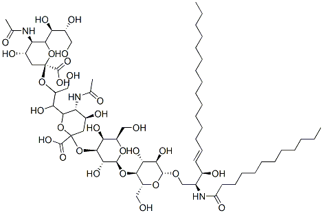 (2S,4S,5R)-6-((1S,2R)-2-((2S,4S,5R)-2-carboxy-5-ethanamido-4-hydroxy-6-((1R,2R)-1,2,3-trihydroxypropyl)tetrahydro-2H-pyran-2-yloxy)-1,3-dihydroxypropyl)-2-((2S,3R,4S,5S,6R)-2-((2R,3S,4R,5R,6R)-6-((2S,3R,E)-2-dodecanamido-3-hydroxyoctadec-4-enyloxy)-4,5-dihydroxy-2-(hydroxymethyl)tetrahydro-2H-pyran-3-yloxy)-3,5-dihydroxy-6-(hydroxymethyl)tetrahydro-2H-pyran-4-yloxy)-5-ethanamido-4-hydroxytetrahydro-2H-pyran-2-carboxylic acid Struktur