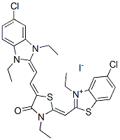 Benzothiazolium, 5-chloro-2-[[5-[(5-chloro- 1,3-diethyl-1,3-dihydro-2H-benzimidazol-2-ylidene )ethylidene]-3-ethyl-4-oxo-2-thiazolidinylidene]methy l]-3-ethyl-, iodide Struktur