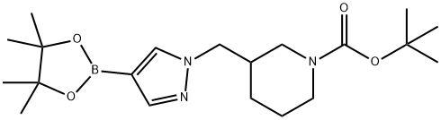 3-[4-(4,4,5,5-Tetramethyl-[1,3,2]dioxaborolan-2-yl)-pyrazol-1-ylmethyl]-piperidine-1-carboxylic acid tert-butyl ester Struktur