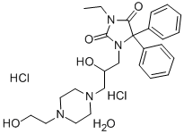 1-(4-(2-Hydroxyethyl)-1-piperazine-2-propanolo)-3-ethyl-5,5-diphenylhy dantoin 2HCl hydrate Struktur