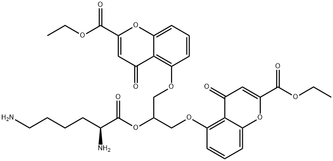 ethyl 5-[2-[(2S)-2,6-diaminohexanoyl]oxy-3-(2-ethoxycarbonyl-4-oxo-chromen-5-yl)oxy-propoxy]-4-oxo-chromene-2-carboxylate Struktur