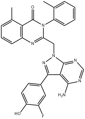 2-((4-aMino-3-(3-fluoro-4-hydroxyphenyl)-1H-pyrazolo[3,4-d]pyriMidin-1-yl)Methyl)-5-Methyl-3-o-tolylquinazolin-4(3H)-one Struktur