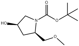 1-Pyrrolidinecarboxylic acid, 4-hydroxy-2-(methoxymethyl)-, 1,1-dimethylethyl ester, (2R,4R)- Struktur