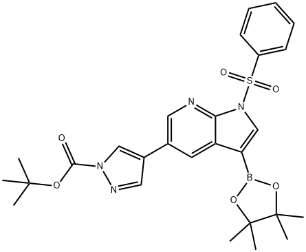 1H-Pyrazole-1-carboxylic acid, 4-[1-(phenylsulfonyl)-3-(4,4,5,5-tetraMethyl-1,3,2-dioxaborolan-2-yl)-1H-pyrrolo[2,3-b]pyridin-5-yl]-, 1,1-diMethylethyl ester Struktur