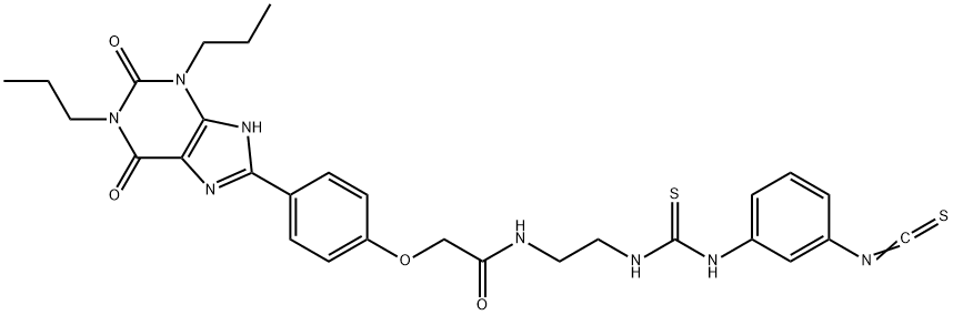 8-(4-(((((2-((((3-isothiocyanatophenyl)amino)(thiocarbonyl))amino)ethyl)amino)carbonyl)methyl)oxy)phenyl)-1,3-dipropylxanthine Struktur