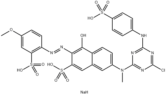 trisodium 7-[[4-chloro-6-[(4-sulphonatophenyl)amino]-1,3,5-triazin-2-yl]methylamino]-4-hydroxy-3-[(4-methoxy-2-sulphonatophenyl)azo]naphthalene-2-sulphonate  Struktur