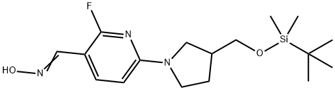 (E)-6-(3-((tert-Butyldimethylsilyloxy)methyl)-pyrrolidin-1-yl)-2-fluoronicotinaldehyde oxime Struktur