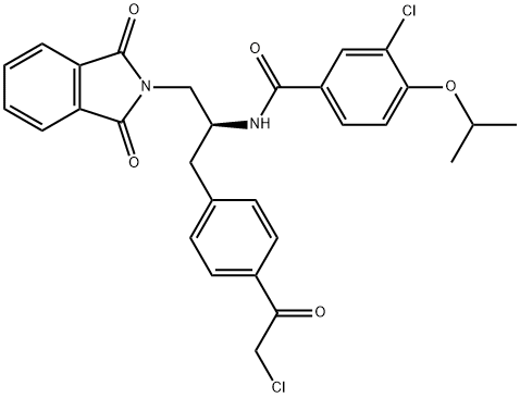 BenzaMide, 3-chloro-N-[(1S)-1-[[4-(2-chloroacetyl)phenyl]Methyl]-2-(1,3-dihydro-1,3-dioxo-2H-isoindol-2-yl)ethyl]-4-(1-Methylethoxy)- Struktur