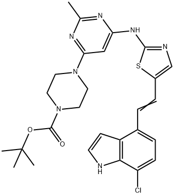 1-Piperazinecarboxylic acid, 4-[6-[[5-[2-(7-chloro-1H-indol-4-yl)ethenyl]-2-thiazolyl]aMino]-2-Methyl-4-pyriMidinyl]-, 1,1-diMethylethyl ester Struktur