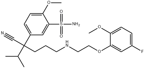 5-(1-cyano-4-((2-(5-fluoro-2-methoxyphenoxy)ethyl)amino)-1-isopropylbutyl)-2-methoxybenzenesulfonamide Struktur