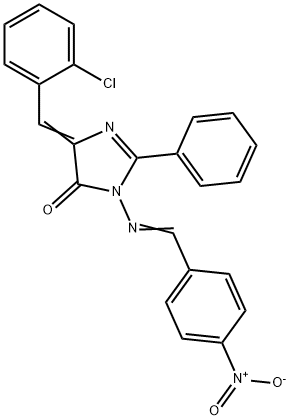 (5Z)-5-[(2-chlorophenyl)methylidene]-3-[(4-nitrophenyl)methylideneamin o]-2-phenyl-imidazol-4-one Struktur