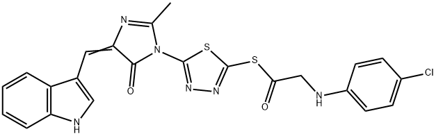 (5E)-3-[5-[2-[(4-chlorophenyl)amino]acetyl]sulfanyl-1,3,4-thiadiazol-2 -yl]-5-(1H-indol-3-ylmethylidene)-2-methyl-imidazol-4-one Struktur