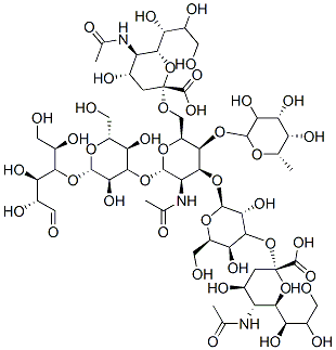 (2S,4S,5R,6R)-5-acetamido-2-[(2R,3R,4S,5S,6R)-2-[(2R,3S,4R,5R,6S)-5-acetamido-2-[[(2R,4S,5R,6R)-5-acetamido-2-carboxy-4-hydroxy-6-[(1R,2R)-1,2,3-trihydroxypropyl]oxan-2-yl]oxymethyl]-6-[(2R,3S,5R,6S)-3,5-dihydroxy-2-(hydroxymethyl)-6-[(2R,3R,4R,5R)-1,2,4,5-tetrahydroxy-6-oxohexan-3-yl]oxyoxan-4-yl]oxy-3-[(2S,4R,5S,6S)-3,4,5-trihydroxy-6-methyloxan-2-yl]oxyoxan-4-yl]oxy-3,5-dihydroxy-6-(hydroxymethyl)oxan-4-yl]oxy-4-hydroxy-6-[(1R,2R)-1,2,3-trihydroxypropyl]oxane-2-carboxylic acid Struktur