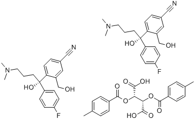 (-)-4-(4-Dimethylamino)-1-(4-fluorophenyl)-1-(hydroxybuty)-3-hydroxymethyl)-benzonitrile hemi D-(+)-di-p-toloyltartaric acid salt Struktur