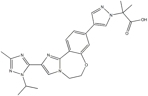 1H-Pyrazole-1-acetic acid, 4-[5,6-dihydro-2-[3-Methyl-1-(1-Methylethyl)-1H-1,2,4-triazol-5-yl]iMidazo[1,2-d][1,4]benzoxazepin-9-yl]-α,α-diMethyl- Struktur