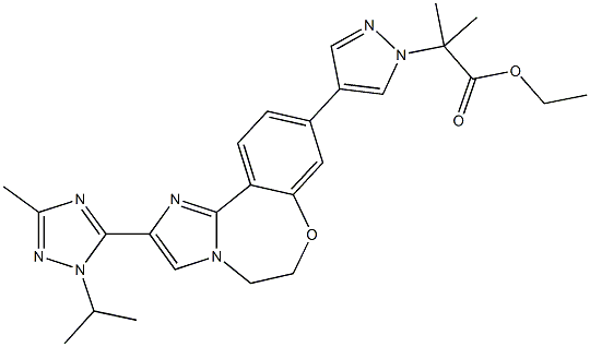 1H-Pyrazole-1-acetic acid, 4-[5,6-dihydro-2-[3-Methyl-1-(1-Methylethyl)-1H-1,2,4-triazol-5-yl]iMidazo[1,2-d][1,4]benzoxazepin-9-yl]-α,α-diMethyl-, ethyl ester Struktur