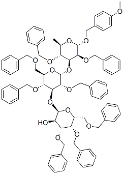 4-methoxybenzyl 2,4-di-O-benzyl-3-O-(2,4,6-tri-O-benzyl-3-O-(3,4,6-tri-O-benzyl-alpha-galactopyranosyl)-alpha-glucopyranosyl)-alpha-rhamnopyranoside Struktur