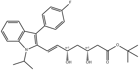 フルバスタチン関連化合物B ([R*,S*-E]-(+/-)-7-[3-(4-FLUOROPHENYL)-1-METHYLETHYL-1H-INDOL-2-YL]-3,5-DIHYDROXY-6-HEPTENOIC ACID 1,1, DIMETHYLETHYL ESTER) 化學(xué)構(gòu)造式