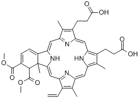 23H,25H-Benzo[b]porphine-9,13-dipropanoic acid, 19-ethenyl-1,22a-dihydro-1,2-bis(methoxycarbonyl)-8,14,18,22a-tetramethyl- Struktur