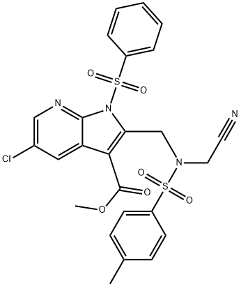 1H-Pyrrolo[2,3-b]pyridine-3-carboxylic acid, 5-chloro-2-[[(cyanoMethyl)[(4-Methylphenyl)sulfonyl]aMino]Methyl]-1-(phenylsulfonyl)-, Methyl ester Struktur