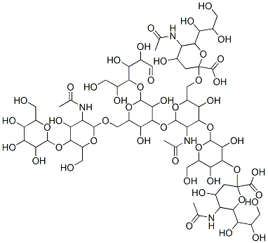 5-acetamido-2-[2-[5-acetamido-2-[[5-acetamido-2-carboxy-4-hydroxy-6-(1,2,3-trihydroxypropyl)oxan-2-yl]oxymethyl]-6-[2-[[3-acetamido-4-hydroxy-6-(hydroxymethyl)-5-[3,4,5-trihydroxy-6-(hydroxymethyl)oxan-2-yl]oxyoxan-2-yl]oxymethyl]-3,5-dihydroxy-6-(1,2,4,5-tetrahydroxy-6-oxohexan-3-yl)oxyoxan-4-yl]oxy-3-hydroxyoxan-4-yl]oxy-3,5-dihydroxy-6-(hydroxymethyl)oxan-4-yl]oxy-4-hydroxy-6-(1,2,3-trihydroxypropyl)oxane-2-carboxylic acid Struktur