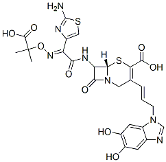 7-(2-(2-aminothiazol-4-yl)-2- (1-carboxy-1-methylethoxyimino)acetamido)-3-(3-(5,6-dihydroxybenzimidazol-1-yl)propen-1-yl)-3-cephem-4-carboxylic acid Struktur