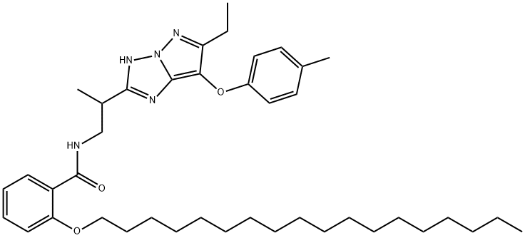 N-(2-(6-ethyl-7-(4-methylphenoxy)-1H-pyrazolo[1,5-b][1,2,4]triazol-2-yl)propyl)-2-octadecyloxybenzamide Struktur