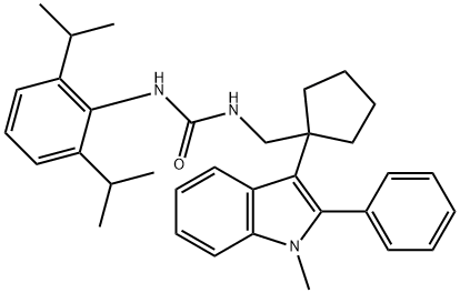 3-(2,6-dipropan-2-ylphenyl)-1-[[1-(1-methyl-2-phenyl-indol-3-yl)cyclop entyl]methyl]urea Struktur