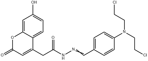 N-[[4-[bis(2-chloroethyl)amino]phenyl]methylideneamino]-2-(7-hydroxy-2 -oxo-chromen-4-yl)acetamide Struktur