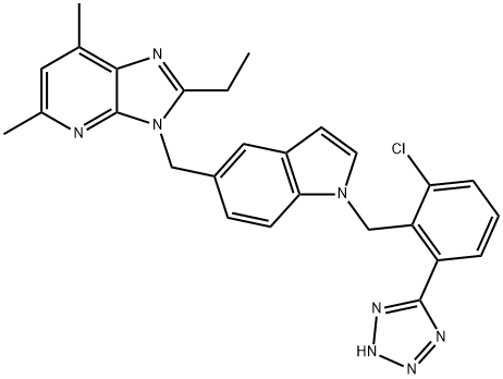 3-((N-(2-tetrazol-5-yl-6-chlorobenzyl)-5-indolyl)methyl)-5,7-dimethyl-2-ethyl-3H-imidazo(4,5-b)pyridine Struktur