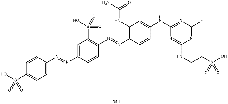 Benzenesulfonic acid, 2-2-(aminocarbonyl)amino-4-4-fluoro-6-(2-sulfoethyl)amino-1,3,5-triazin-2-ylaminophenylazo-5-(4-sulfophenyl)azo-, sodium salt Struktur