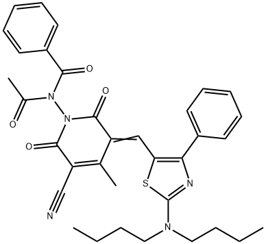 N-acetyl-N-[5-cyano-3-(2-dibutylamino-4-phenylthyazol-5-yl-methylene)-4-methyl-2,6-dioxo-1,2,3,6-tetrahydropyridin-1-yl]benzamide Struktur