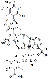 1,3-bis{6-fluoro-4-[1,5-disulfo-4-(3-aminocarbonyl-1-ethyl-6-hydroxy-4-methyl-pyrid-2-on-5-ylazo)-phenyl-2-ylamino]-1,3,5-triazin-2-ylamino}propane lithium-, sodium salt Struktur