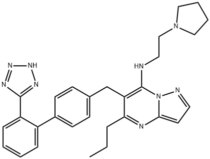 5-Propyl-N-(2-(1-pyrrolidinyl)ethyl)-6-((2'-(1H-tetrazol-5-yl)(1,1'- biphenyl)-4-yl)methyl) pyrazolo(1,5-a)pyrimidin-7-amine Struktur