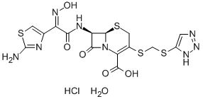 (6R,7R)-7-[[2-(2-amino-1,3-thiazol-4-yl)-2-hydroxyimino-acetyl]amino]- 8-oxo-3-(2H-triazol-4-ylsulfanylmethylsulfanyl)-5-thia-1-azabicyclo[4. 2.0]oct-2-ene-2-carboxylic acid hydrate hydrochloride Struktur