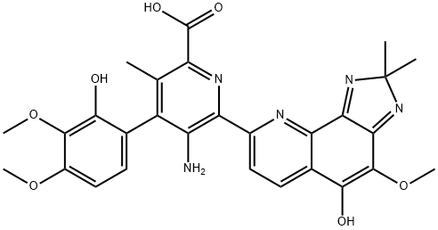 5-Amino-4-(2-hydroxy-3,4-dimethoxyphenyl)-6-(5-hydroxy-4-methoxy-2,2-dimethyl-2H-imidazo[4,5-h]quinolin-8-yl)-3-methyl-2-pyridinecarboxylic acid Struktur