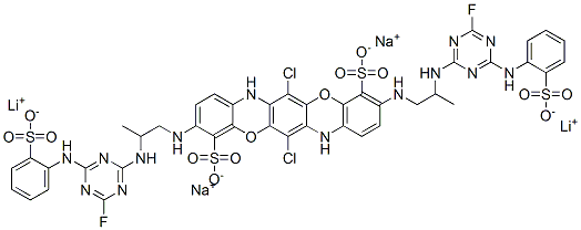 4,11-Triphenodioxazinedisulfonic acid, 6,13-dichloro-3,10-bis2-4-fluoro-6-(2-sulfophenyl)amino-1,3,5-triazin-2-ylaminopropylamino-, lithium sodium salt Struktur