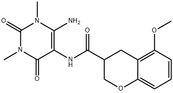 2H-1-Benzopyran-3-carboxamide,  N-(6-amino-1,2,3,4-tetrahydro-1,3-dimethyl-2,4-dioxo-5-pyrimidinyl)-3,4-dihydro-5-methoxy- Struktur