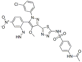 N-[4-[[5-[1-(3-chlorophenyl)-4-methoxy-5-(4-nitrophenyl)diazenyl-pyraz ol-3-yl]-1,3,4-thiadiazol-2-yl]sulfamoyl]phenyl]acetamide Struktur